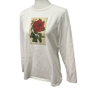 Hand Printed Upcycled Womens Small Vintage Book Page Red Rose Flower Tee Shirt